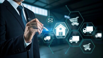 Businessman interacting with a digital supply chain and logistics network