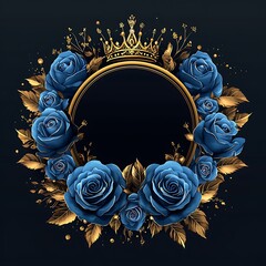 Elegant gold crown and blue rose floral design with a blank circle photo