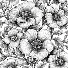 Elegant floral pattern showcasing detailed illustrations of blossoming poppies in a seamless repeat photo