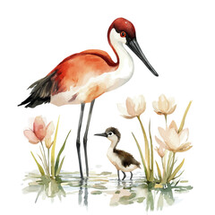 watercolor of A Mother Jacana With Her Kid, vector, isolated on a white background.