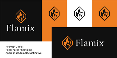 Modern abstract fire logo with circuit board design in bold shape.