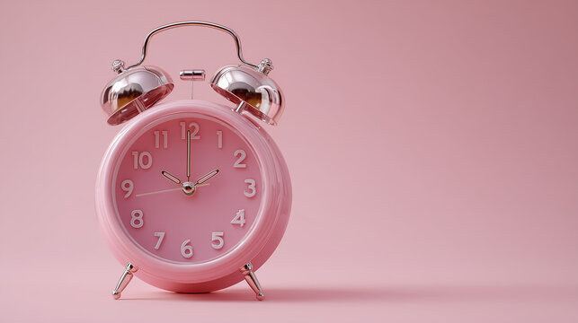 A pink alarm clock sits perfectly on a pastel pink background, creating a soft and minimal aesthetic.