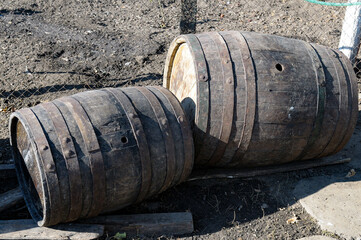Old wooden barrels for alcoholic drinks