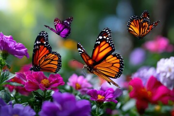 Colorful butterflies flutter among blooming flowers in a vibrant garden