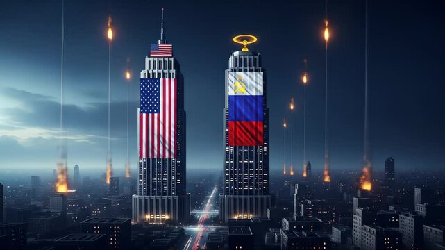 Dramatic animation of two skyscrapers with american and russian flags under fiery meteor shower over city at night