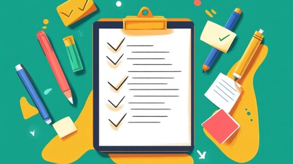 Illustration of a clipboard with checkboxes and sticky notes, colored markers around, habit formation theme generative ai