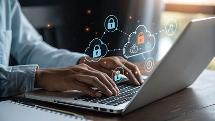 Person using laptop with cloud security and data protection icons