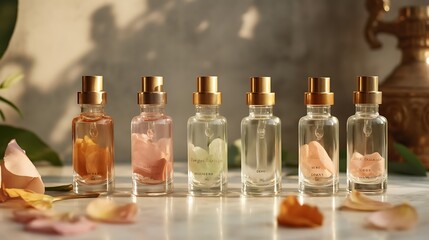 Elegant photo of six perfume bottles with gold caps and floral accents on a marble surface