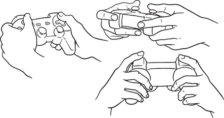 Set of three line art illustrations of hands holding video game controllers, depicting different angles and grips. This clean and simple design is ideal for projects related to gaming, e-sports.