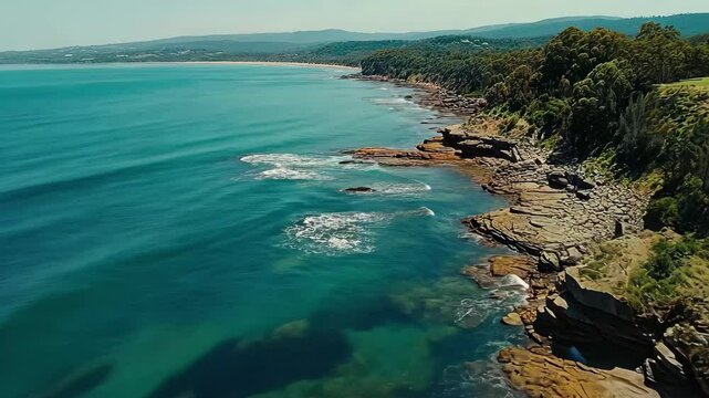 Breathtaking aerial view of Tathra coast showcasing pristine waters and rugged shoreline in Magareeka Australia, Aerial view along Tathra coast in Magareeka Australia NSW nature seascape