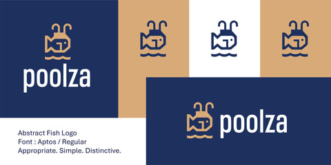 Modern abstract fish logo with pool ladder and wave elements.