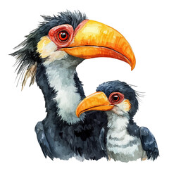 watercolor of A Mother Hornbill With Her Kid, vector, isolated on a white background.