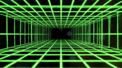 Green grid tunnel receding into dark background; digital art, website design - Powered by Adobe