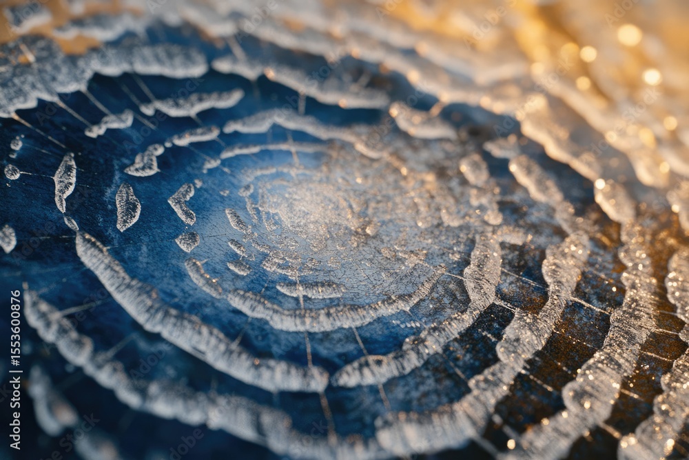 Poster intricate frost patterns on a dark surface create a mesmerizing circular design, showcasing nature's