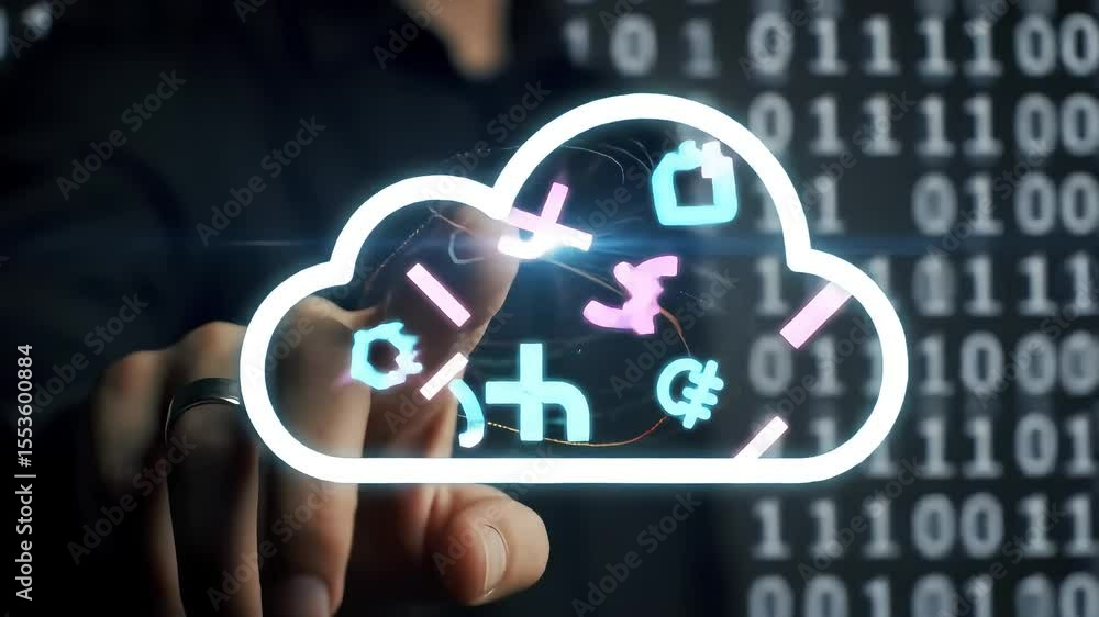 Poster hand interacts with cloud data, binary code background, digital asset management