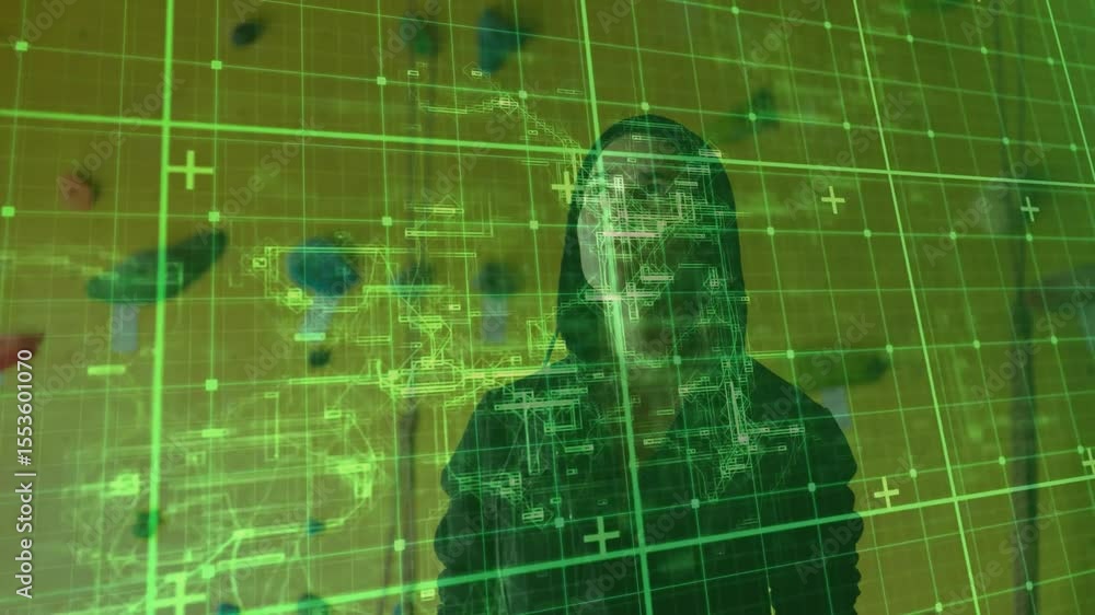 Poster woman standing before orange backdrop, activating augmented reality grid and scanning data nodes