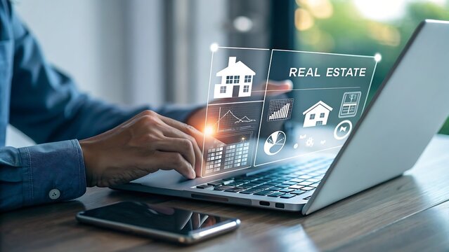 Real estate professional analyzing market trends on a laptop