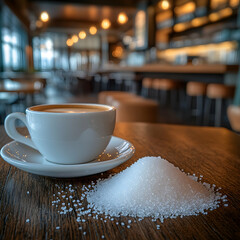 A cup of coffee with a pile of sugar on a wooden table in a blurred cafe background. Perfect for articles on coffee, sugar consumption, or cafe culture.