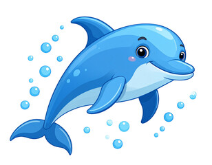 Fototapeta premium Cartoon Dolphin Swimming with Smile and Bubbles, Front View, Isolated on Transparent Background