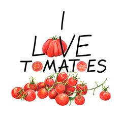 Watercolor tomatoes illustration with a hand drawn saying text. For t-shirt print, poster, greetings cards design. 