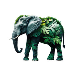 Elephant adorned with green leaves and plants in a vibrant forest  