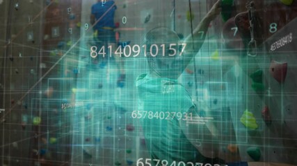 Turquoise grid appearing over climber ascending wall while belayer managing rope scanning threats - Powered by Adobe