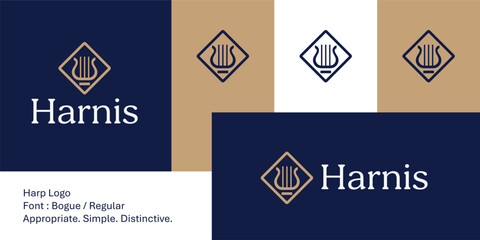Elegant abstract harp logo with geometric frame for music or arts