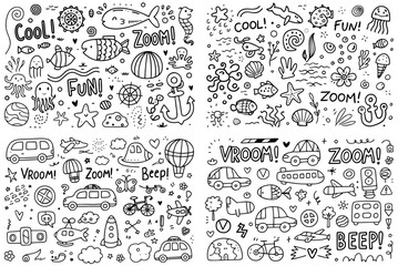 Black and White Doodle Illustrations of Sea and Land Transportation