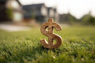 Wooden dollar sign in grass, blurred houses in background