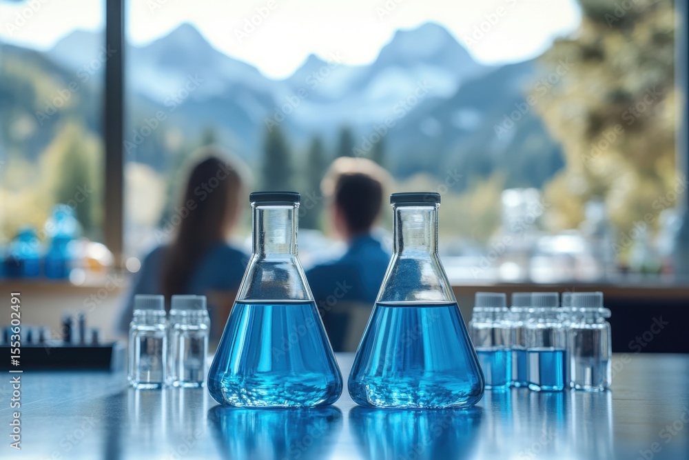 Poster scientists observe stunning mountain view while conducting experiments with blue liquids