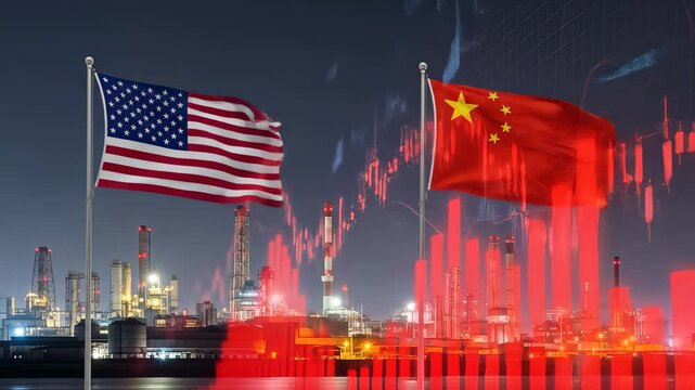 Economic and industrial rivalry between united states and china with stock market graphics overlaying oil refinery background