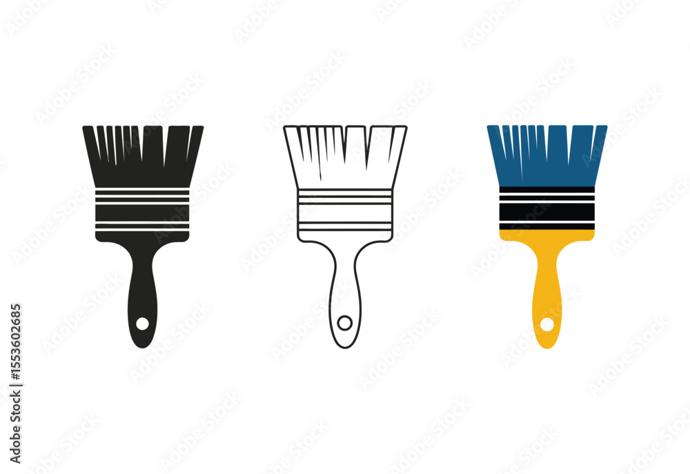 Poster three paint brushes in different styles including solid outline and color variations