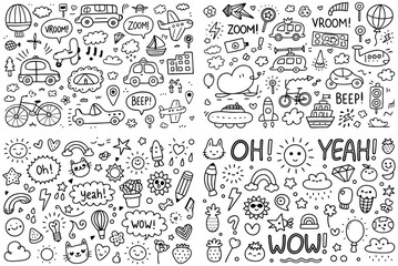 Doodle Illustrations of Vehicles, Objects, and Exclamations