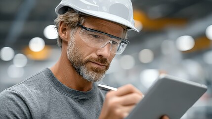 Construction worker in safety helmet taking notes on tablet in industrial facility for project management and planning