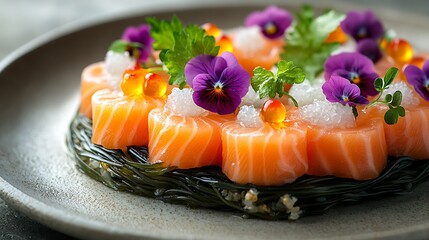 Gourmet Salmon Appetizer Garnish With Caviar And Flowers High Resolution Photo