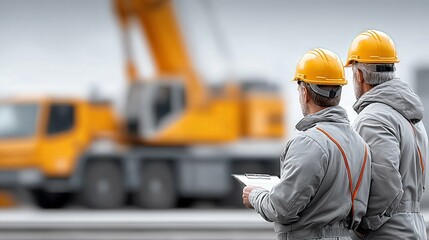 Construction Workers in Safety Gear Analyzing Equipment Operations on Construction Site with Yellow Crane in Background