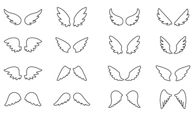 Set of Hand-Drawn Angel Wings Vector Icons – Black Outline Wings on White Background