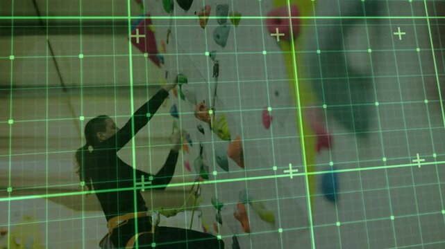 Climber placing foot on hold triggers AR grid scanning hands and feet for fitness training analysis