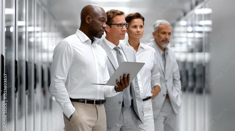 Poster professional diverse team in modern office setting collaborating with digital tablet and engaged in 