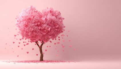 A heart-shaped tree of pink hearts against a soft pink background