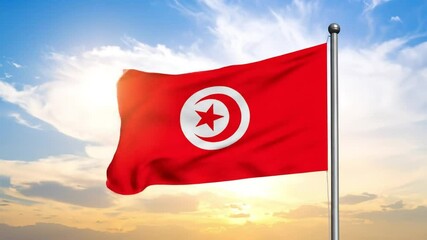 Tunisian flag fluttering on flagpole  video with cloudy sky background