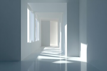 Empty, bright hallway with windows