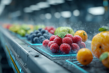Fresh raspberry and other fruit on conveyor belt in futuristic food biotech factory with water spray for cleaning and quality control