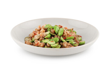 A delicious dish of stir-fried shrimp and minced pork with stink bean and shrimp paste on white...