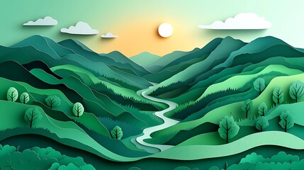 Stunning paper cut design of a serene mountain landscape with trees and winding river high resolution photo