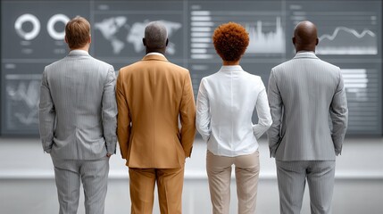 Diverse Business Team Analyzing Data in Modern Office Environment with Digital Graphs and Presentations on Display