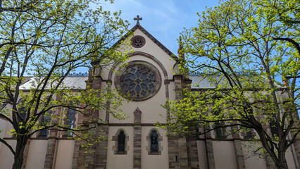 Majestic Church Facade Framed by Vibrant Spring Foliage in Urban Landscape on Sunny Day.