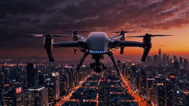 A drone hovering over a city skyline during sunset or sunrise, with the city lights glowing against the dark sky.