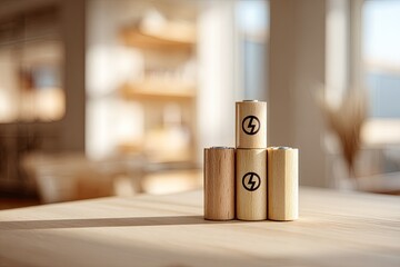 Stack of wooden battery cases in a bright room