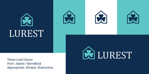 Bold geometric house logo with three-leaf clover symbol